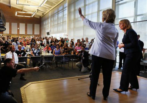 Hillary Clinton and New Hampshire Gov. Maggie Hassan at the University of New Hampshire / AP