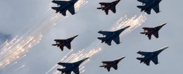 Russian Su-27 jet fighters and MIG 29 jet fighters fly above the Red Square during the Victory Day military parade general rehearsal in Moscow