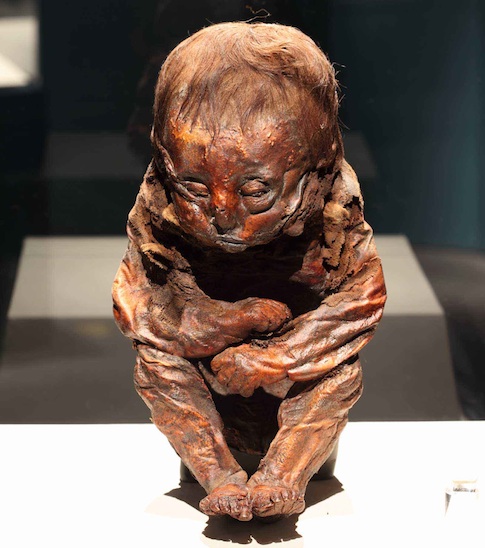 This Peruvian child mummy is in a remarkable state of preservation, radiocarbon dated to 4504–4457 B.C. – more than 3,000 years before the birth of King Tut. The child, which was about 10 months old when it died, naturally mummified in the hot, arid desert environment. (Photo credit: American Exhibitions, Inc.)