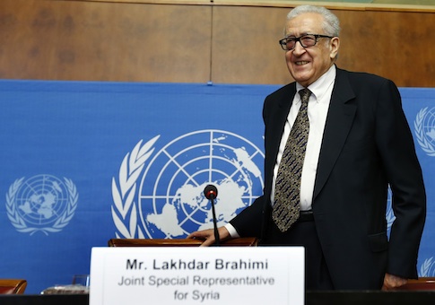 U.N.-Arab League envoy for Syria Lakhdar Brahimi arrives for a news conference at the United Nations European headquarters in Geneva