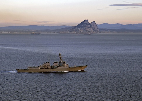 The U.S. Navy guided-missile destroyer USS Roosevelt transits the Strait of Gibraltar February 27, 2014
