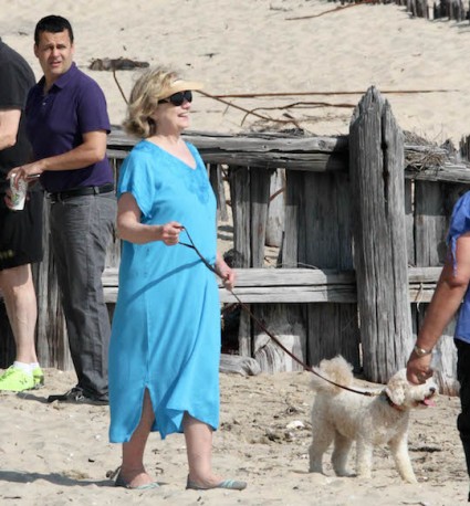 Hillary Clinton walks on the beach with the help of a service dog. (Matt Agudo/INFphoto.com)