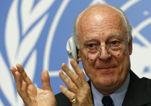 UN Special Envoy for Syria de Mistura gestures during a news conference in Geneva