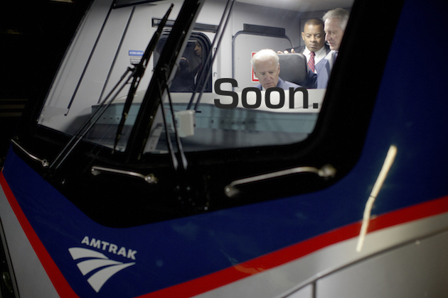 Vice President Joe Biden, seated, accompanied by Transportation Secretary Anthony Foxx, second right, and engineer Rick Stolnis, right, tours Amtrak’s new Cities Sprinter electric locomotive, Thursday, Feb. 6, 2014, at 30th Street Station in Philadelphia. Biden in his visit to the train station stressed the need for infrastructure investment. (AP Photo/Matt Rourke)