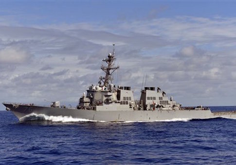 The guided-missile destroyer USS Higgins transits the Pacific Ocean.