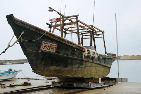 Unidentified wooden boat which was found in the sea off Noto Peninsula, is seen in Wajima