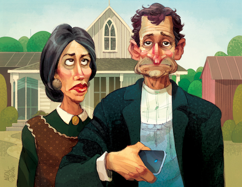 Anthony Weiner and Huma Abedin / Parody of Grant Wood's 'American Gothic' / Illustration for The Washington Free Beacon -- by and © Copyright Anton Emdin 2016. All Rights Reserved. Please do not reproduce without express written permission.