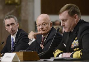 Defense Undersecretary for Intelligence Marcell Lettre, Director of National Intelligence James Clapper, and National Security Agency Director Adm. Michael Rogers testify before the Senate Armed Services Committee