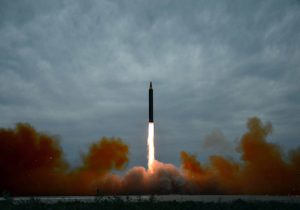 North Korea's intermediate-range strategic ballistic rocket Hwasong-12 lifts off
