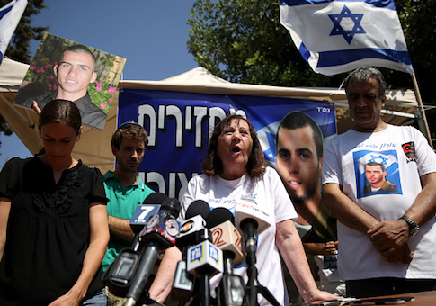 Israeli Zehava Shaul, the mother of slain Israeli soldier Oron Shaul, who was killed in Gaza during the summer of 2014 speaks during a press conference on June 29, 2016
