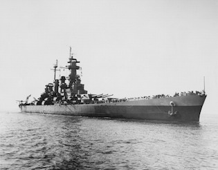 The battleship USS North Carolina enters New York Harbor after deployment in the Pacific theater 