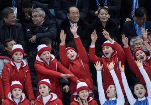 North Korean cheerleaders performs before Kim Yo Jong
