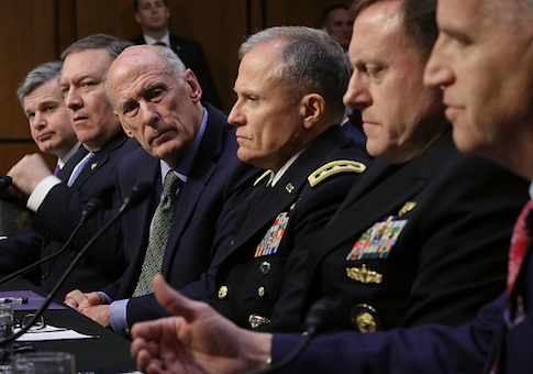 FBI Director Christopher Wray, CIA Director Mike Pompeo, DNI Dan Coats, DIA Director Robert Ashley, NSA Director Michael Rogers, and National Geospatial Intelligence Agency Director Robert Cardillo testify before the Senate Intelligence Committee