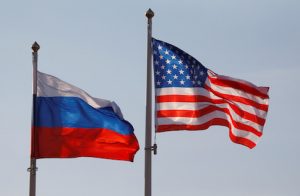 National flags of Russia and U.S. fly at Vnukovo International Airport in Moscow