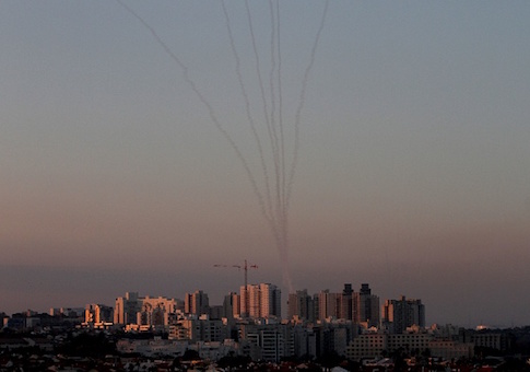 Missiles from Israel's Iron Dome air defense system in the south of Israel destroy incoming missiles fired at Israel from the Palestinian enclave of Gaza