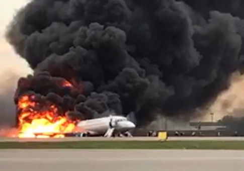 An Aeroflot Sukhoi Superjet-100 (SSJ100) passenger aircraft on fire after crash landing at Sheremetyevo Airport