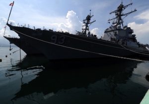 USS Chung-Hoon and another guided missile destroyer are docked near the disputed Spratly Islands