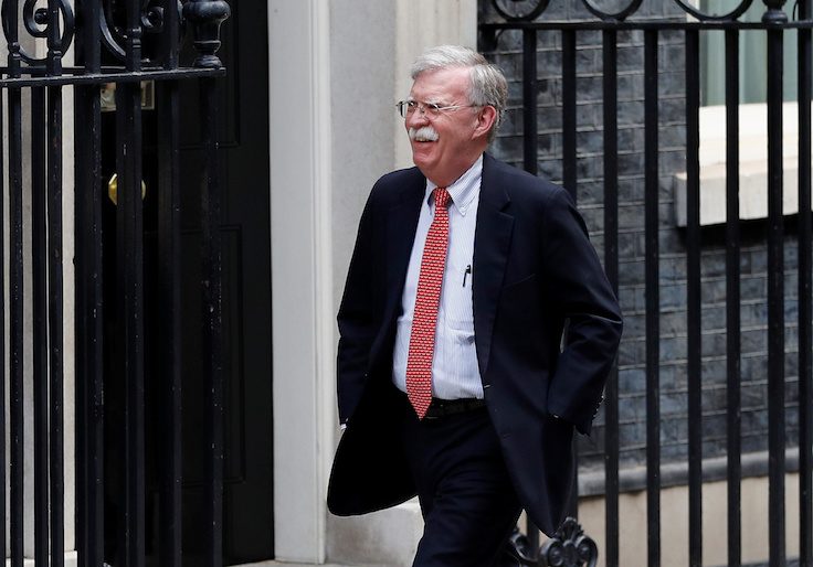 FILE PHOTO: U.S. National Security Advisor John Bolton arrives for a meeting with Britain's Chancellor of the Exchequer Sajid Javid at Downing Street in London
