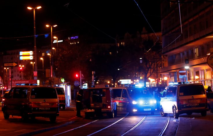 Police blocks a street near Schwedenplatz square after a shooting in Vienna